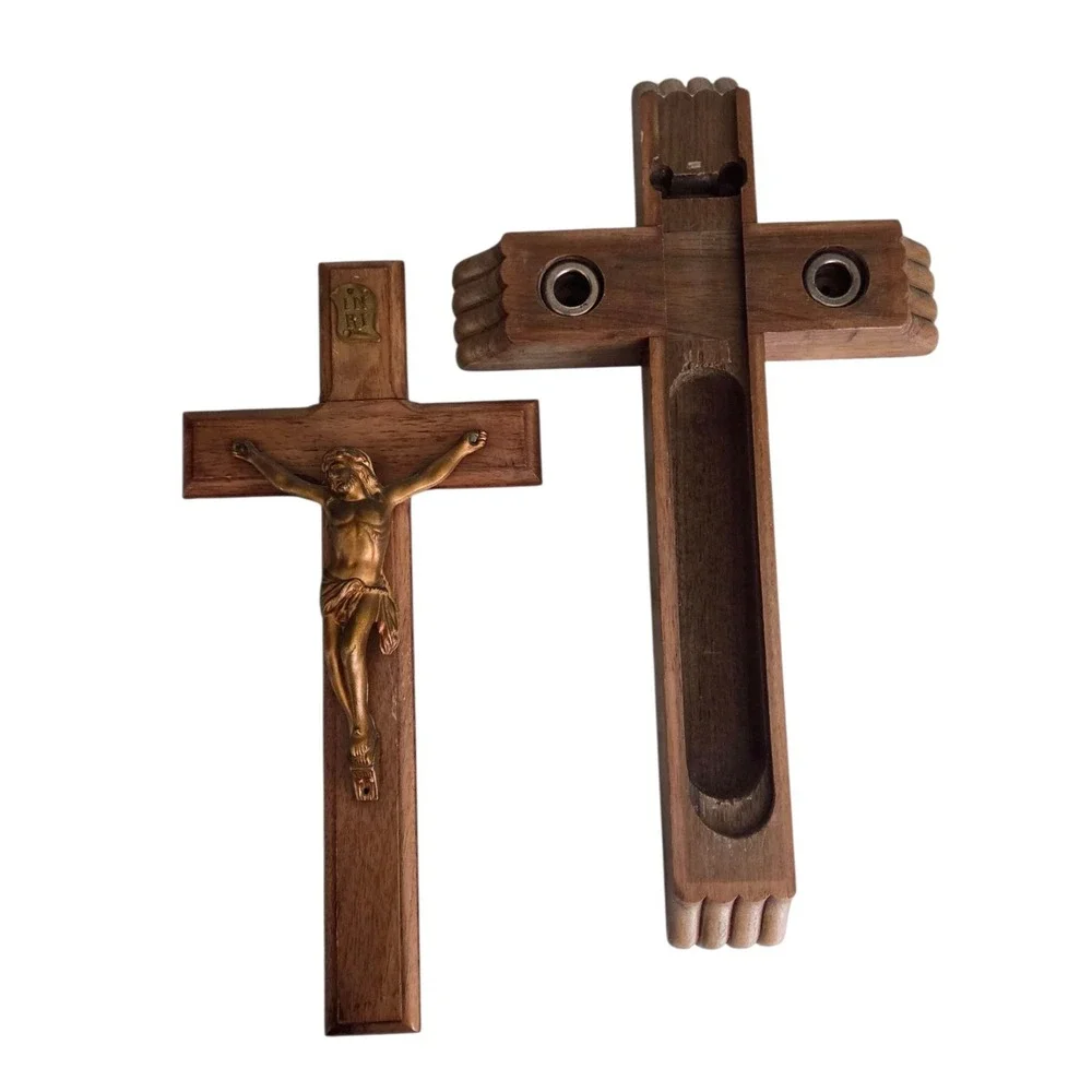 Vintage Wooden Last Rites Wall Cross‎ Crucifix Catholic Sick Call Religious Box